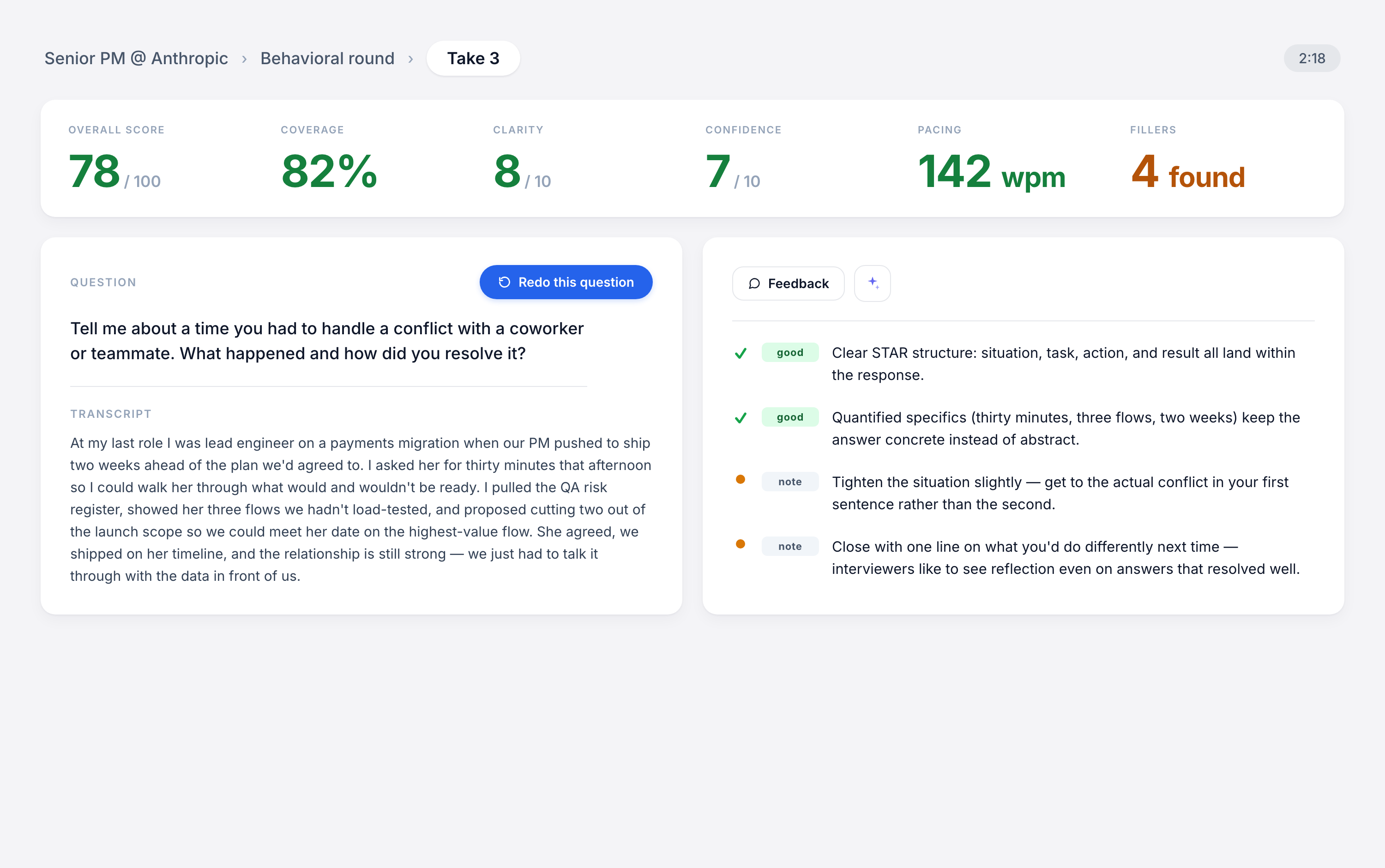 Distill feedback view with scores across coverage, clarity, confidence, pacing, and fillers, plus specific notes