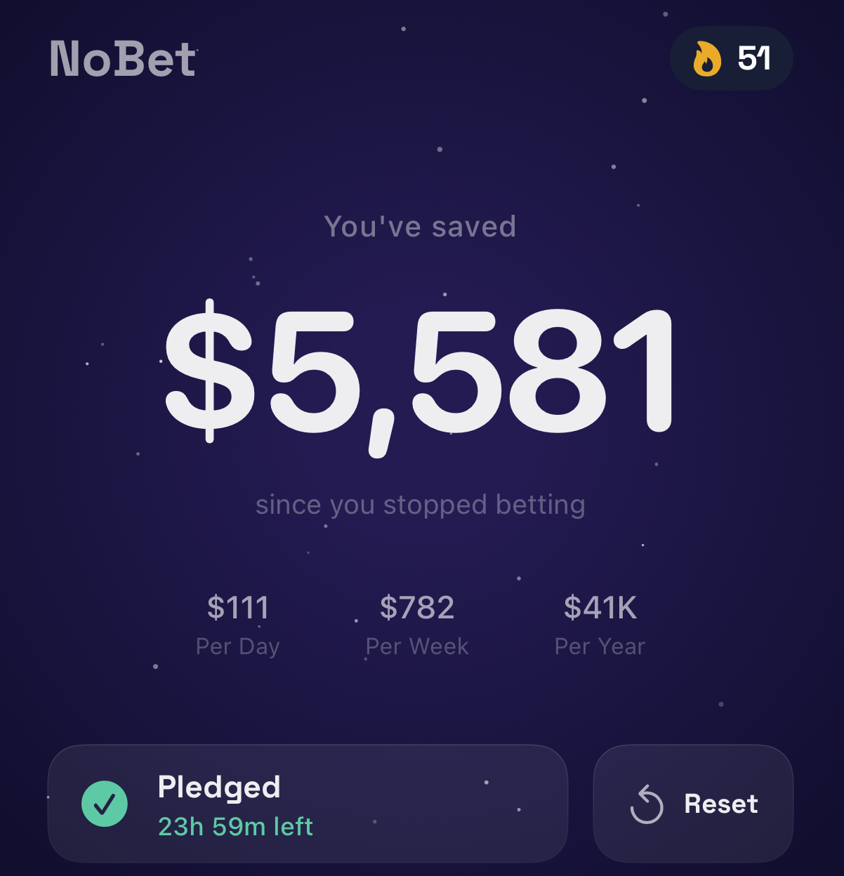 NoBet home screen showing savings to date