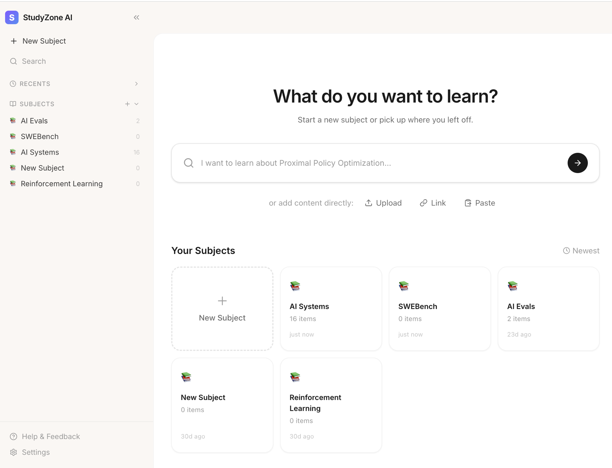 StudyZone dashboard with 'What do you want to learn?' search bar and Upload, Link, Paste options, with a sidebar of subjects on the left