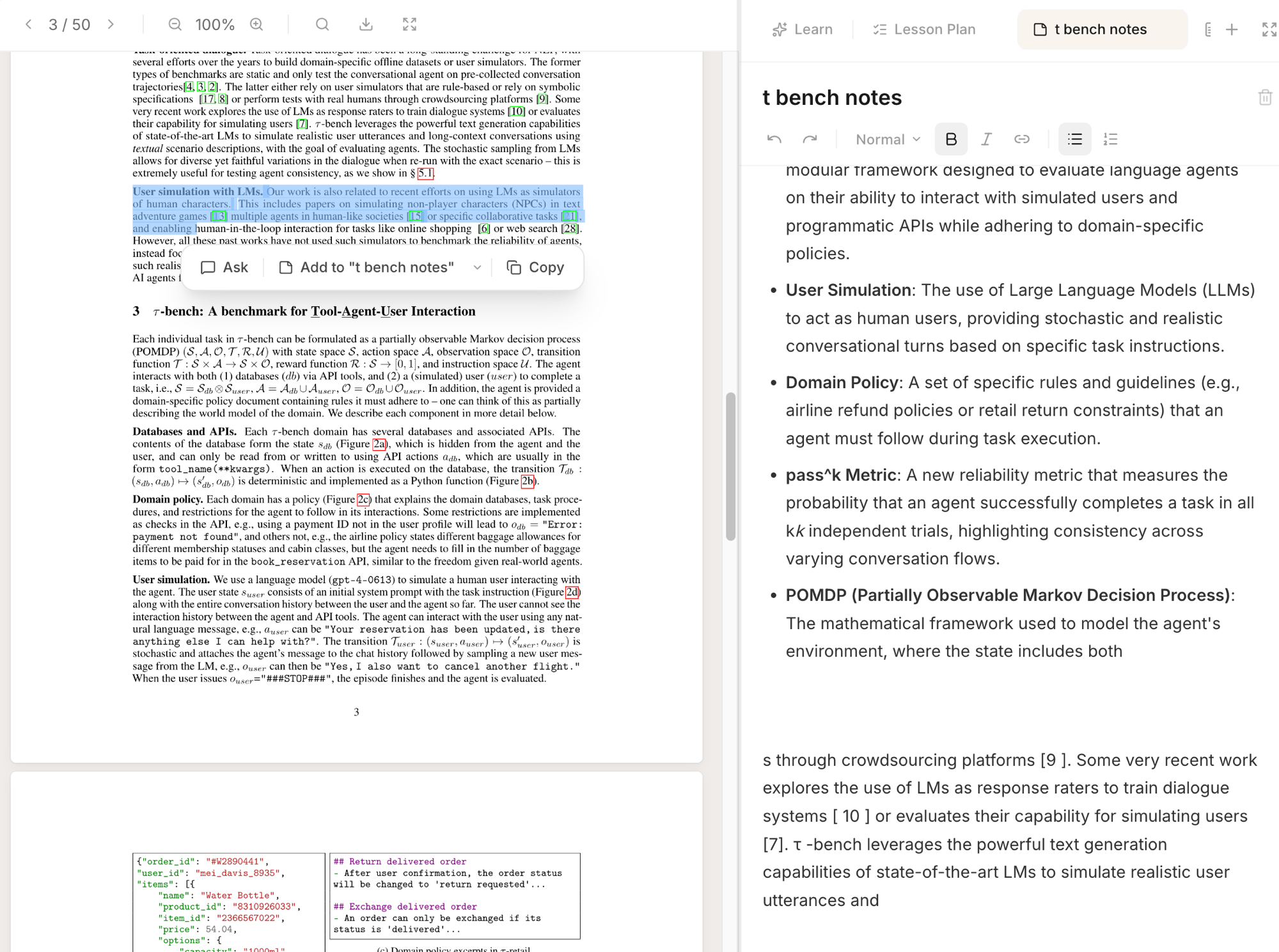 Split-pane document view: PDF on the left with selected text and the highlight toolbar visible, and a 't bench notes' panel on the right with formatted bullet-point notes about User Simulation, Domain Policy, and pass^k Metric