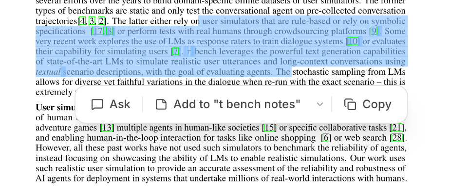 Highlight toolbar over selected PDF text with three actions: Ask, Add to 't bench notes', and Copy