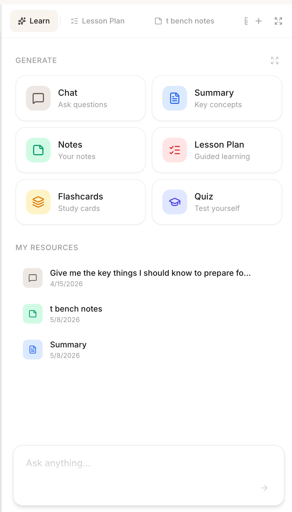 StudyZone Generate panel with six tiles: Chat, Summary, Notes, Lesson Plan, Flashcards, and Quiz, plus a list of recent resources for the current document