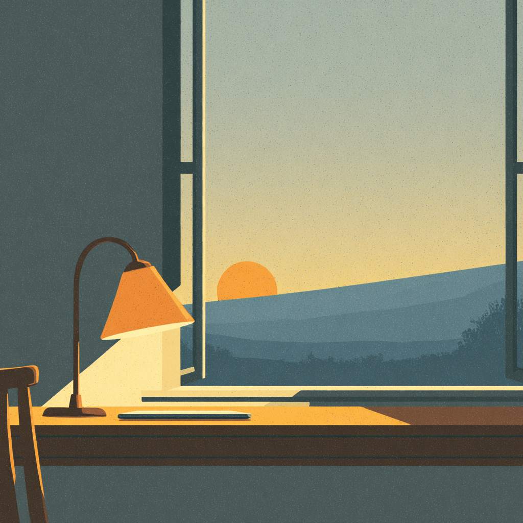 Stylised editorial illustration: a small warm desk lamp glows over an empty wooden desk by an open window, with a soft orange sun rising over distant blue hills outside. Muted palette, painterly texture, before-the-day-begins mood.