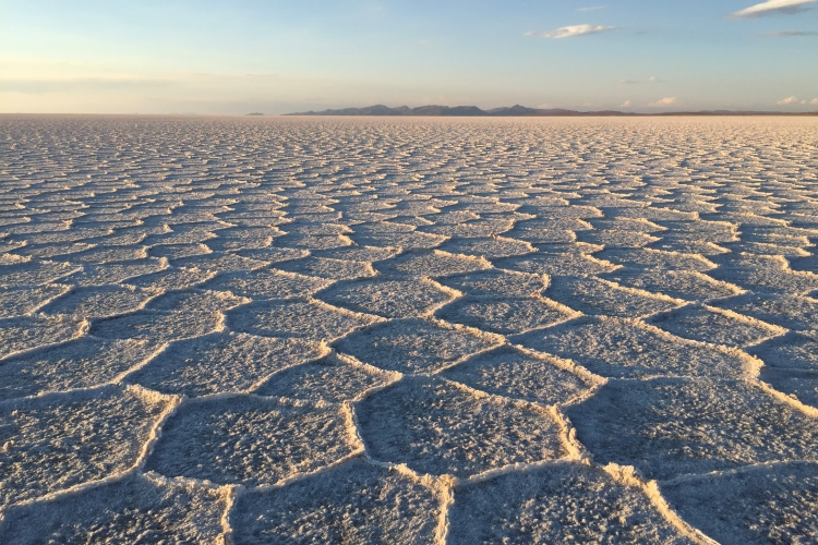 The Salar de Uyuni at low sun: a vast flat expanse of bright white salt tiled into roughly hexagonal polygons ~1 to 2 metres across, raised salt ridges along every edge, stretching to a low line of distant mountains under a pale blue sky with a few wisps of cloud.